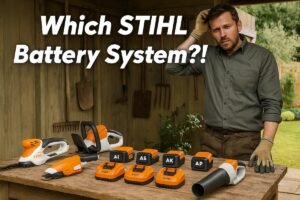 Confused UK gardener scratching his head while comparing STIHL battery tools from the AI, AS, AK, and AP systems on a workbench in a garden shed.