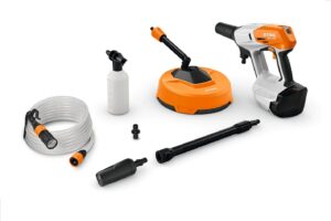 STIHL RCA 50 cordless pressure washer fitted with wheeled surface cleaner attachment